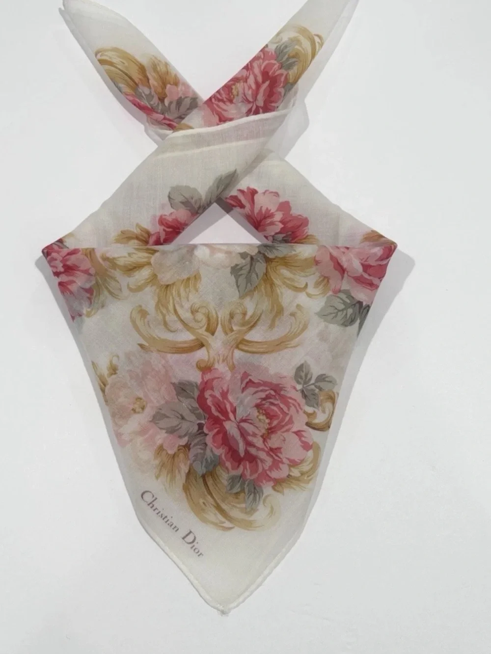 Dior Pink Floral Silk Neck Scarf on Cream Ground